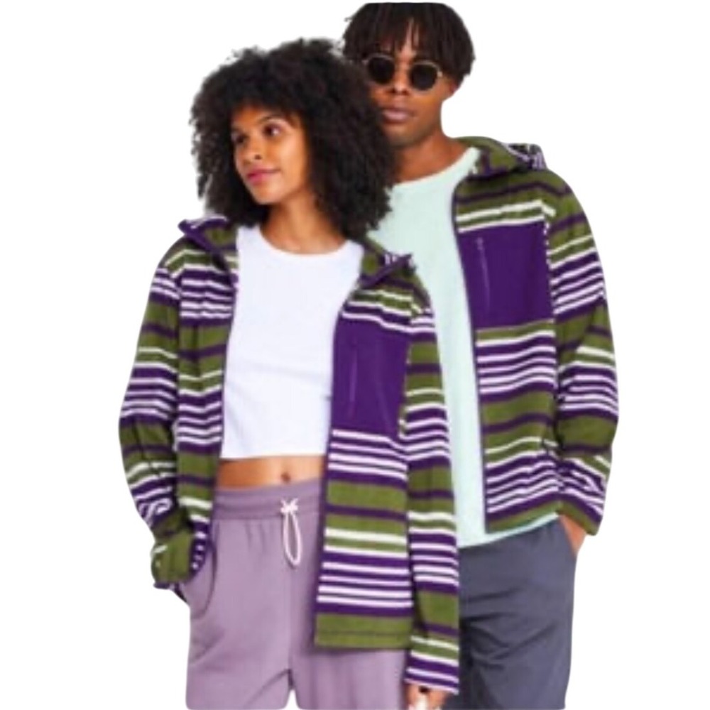Original Use Striped Fleece Full Zip Hoodie Jacket Purple Green White Size S